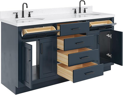 ARIEL Hepburn 66-inch Bathroom Vanity with Sink,Solid Wood, 1.5-inch Carrara White Quartz Countertop, Double Oval Porcelain Sink, 4 Soft Closing Doors, 6 Dovetail Drawers, Midnight Blue