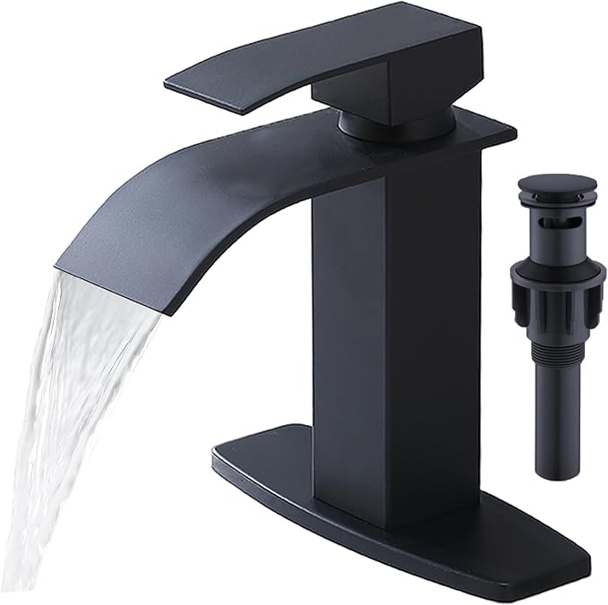Matte Black Waterfall Bathroom Faucet, Single Handle Bathroom Sink Faucet for 1 or 3 Hole, Modern Vanity Faucet with Deck, Pop-up Drain and Supply Hoses