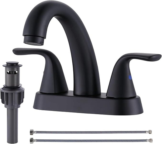 ALEASHA Black Bathroom Sink Faucet - 4 Inch Centerset 2 Handle With Pop Up Drain Stopper, Lavatory Vanity Faucet