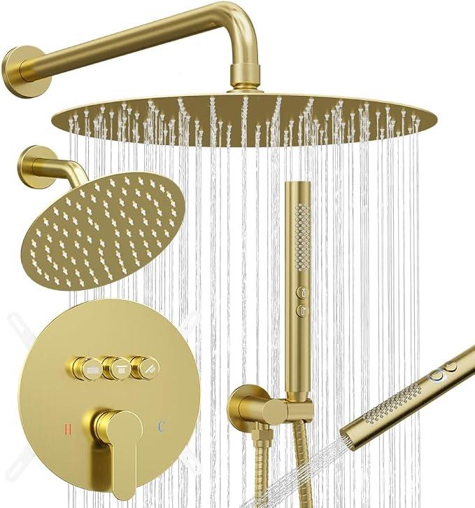 Shower Systems, Bostingner 12+6" Round Dual Rainfall Shower head with 2 in 1 Handheld Spray, Can Use All at Once, Wall Mount Push Button Shower Faucet Set with Valve and Trim Kit,Brushed Gold