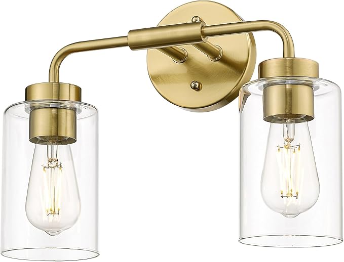 zeyu 14.4 Inch Vanity Light Fixture, Vintage Bathroom Lamp, Gold Bathroom Light Fixtures with Clear Glass Shade, Brushed Gold Finish, ZS62B-2W BG