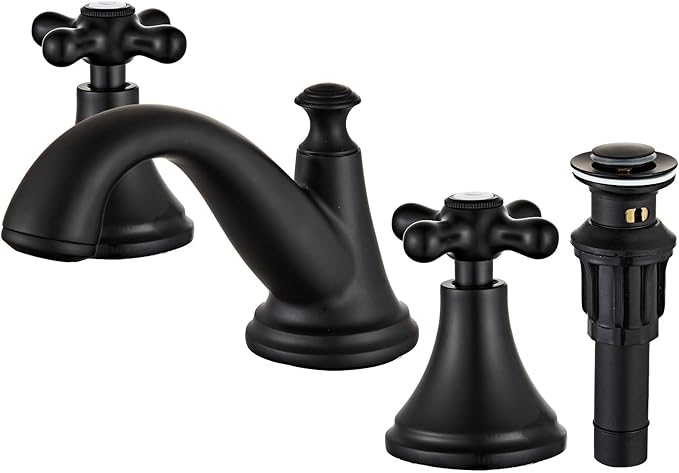 Vintage Widespread Bathroom Faucet, 3-Hole Sink Faucet with Drain Assembly, Solid Brass, Drip-Free Ceramic Cartridge, Adjustable 8-16 Inch Installation Matt Black