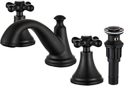 Vintage Widespread Bathroom Faucet, 3-Hole Sink Faucet with Drain Assembly, Solid Brass, Drip-Free Ceramic Cartridge, Adjustable 8-16 Inch Installation Matt Black