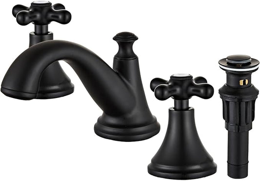 Vintage Widespread Bathroom Faucet, 3-Hole Sink Faucet with Drain Assembly, Solid Brass, Drip-Free Ceramic Cartridge, Adjustable 8-16 Inch Installation Matt Black