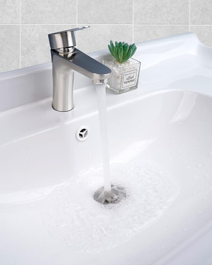 Hibbent All Metal Universal Bathroom Sink Stopper for 1.1''~2.3'' Basin, Pop Up Sink Drain Strainer, Brass Bullet Core Push Type Stopper, Stainless Steel Anti Clogging Drain Filter, Brushed Nickel