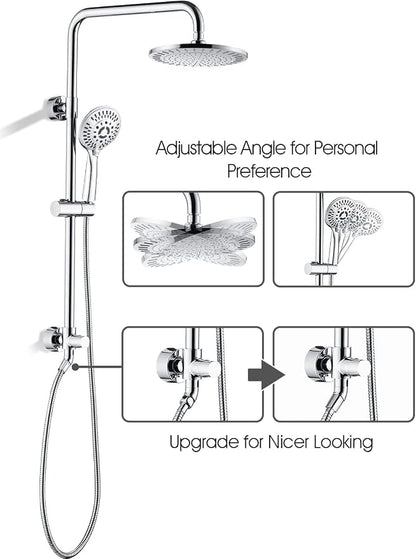 BRIGHT SHOWERS Rain Shower Heads System Including 9 Inch Rainfall Shower Head and Handheld Shower Head with Height Adjustable Holder, Solid Brass Rail and 60" Long Stainless Steel Shower Hose, Chrome