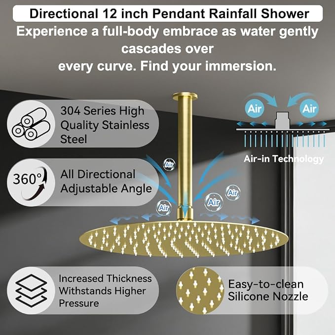 Shower Systems Round Shower Faucet Set, 12+6" Dual Rainfall Shower head with 2 in 1 Handheld Spray, Ceiling Mount Push Button Shower Set with Valve and Trim Kit Brushed Gold,Can Use All at Once