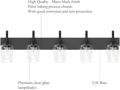 Ralbay Matte Black Bathroom Light Fixtures 5-Lights Industrial Black Vanity Lights Clear Glass Vintage Edison Matte Black Wall Mount Light Fixture for Bathroom