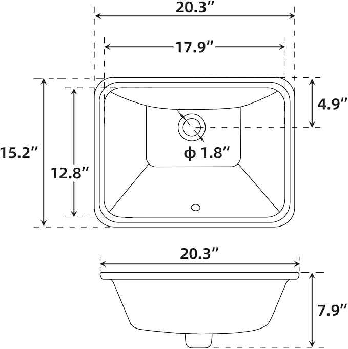 Under-Mount Bathroom Vessel Sink Rectangular Ceramic Basin 20.28×15.16×7.87 inch, Built-In Vanity Sink for Home Bathroom Remodeling, Guest Washroom and Small Space Installation