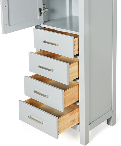 ARIEL Cambridge Bathroom Storage Cabinet - Solid Hevea Wood and Fully Assembled for Long-Lasting Durability and Sophisticated Finish, Freestanding Linen Bathroom Cabinet - 65”H x 20”W x 16”D, Grey