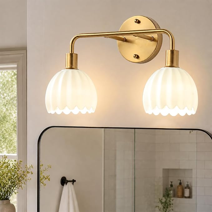 2-Light Gold Brass Bathroom Light Fixture,Wall Sconces,Brushed Gold Vanlity Light Over Mirror,Bathroom Vanity Light with White Glass Flower Shade,E26 Socket(Bulbs Not Included)
