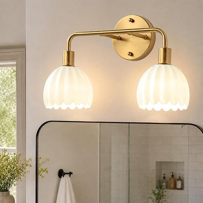 2-Light Gold Brass Bathroom Light Fixture,Wall Sconces,Brushed Gold Vanlity Light Over Mirror,Bathroom Vanity Light with White Glass Flower Shade,E26 Socket(Bulbs Not Included)
