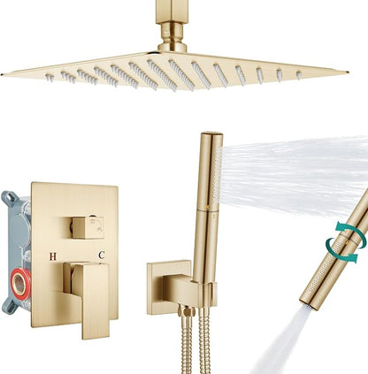Aolemi Shower System with Rain Head and Handheld,10-Inch,Brushed Gold | High-Pressure Shower Faucet Set with Dual-Function Handheld,Rough-In Valve,1.8 GPM,Ceiling Mount Trim Kit