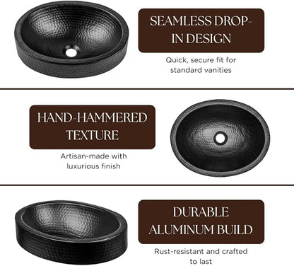 Monarch Abode Bathroom Sink – 17-Inch Oval Skirted Drop In Bathroom Sink, Top Mount Hand Hammered Matte Black Aluminum Vanity Sinks for Countertop, Powder Room, Restroom, Drop in Sinks for Bathrooms