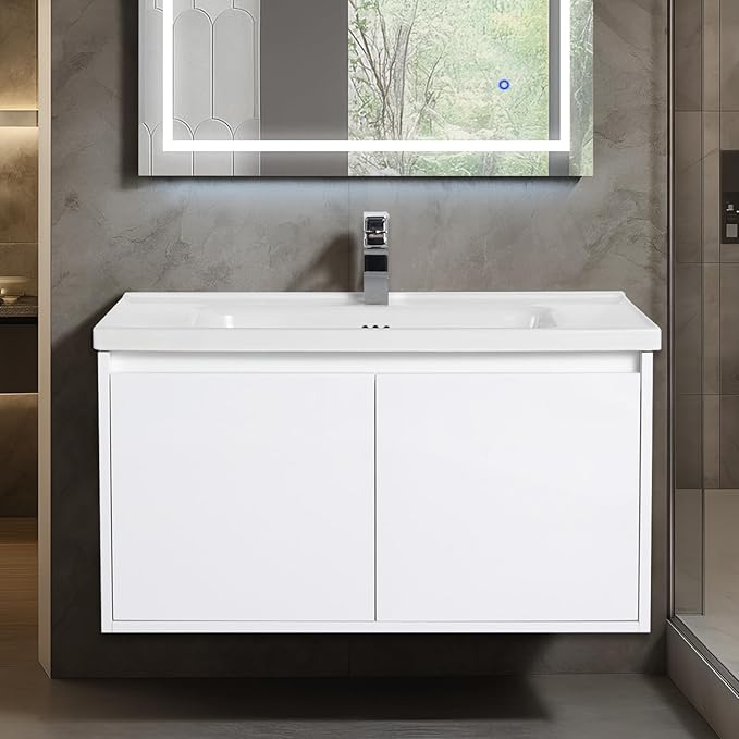 Blossom 36 Inch Wall Mounted Bathroom Vanity with Sink | Floating Wood Vanity Cabinet | Modern Soft-Close Doors & Storage | Ceramic Basin | Space-Saving Design (Glossy White, 36'' Ceramic Sink)