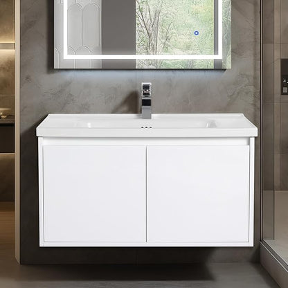 Blossom 36 Inch Wall Mounted Bathroom Vanity with Sink | Floating Wood Vanity Cabinet | Modern Soft-Close Doors & Storage | Ceramic Basin | Space-Saving Design (Glossy White, 36'' Ceramic Sink)