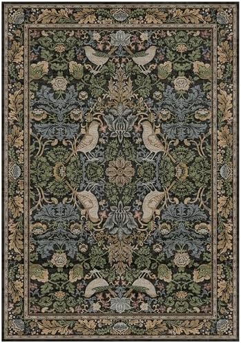 7x10 Green Washable Kitchen Table Rug for Under Table - Dark Floral Rugs for Bedroom, Dining Room, Vintage Brown Bird Patterned Living Room Carpet, Non-Slip Stain & Fade Resistant