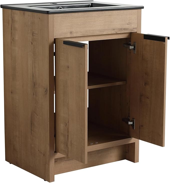 SSLine 24-Inch Bathroom Vanity with Sink Mid-Century Bathroom Vanities with Black Top Basin Floor Wood Bathroom Sink Cabinet with Soft-Close Doors & Adjustable Storage Shelves (Natural Brown)