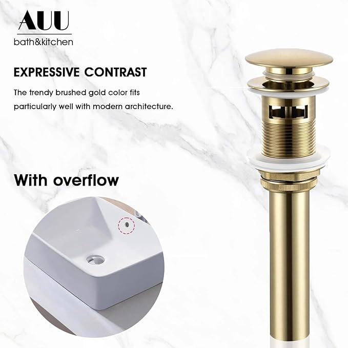 Elegant Alien Brushed Gold Bathroom Sink Faucet Single Hole,AUU Waterfall Vanity Sink Faucet Solid Brass,Single Handle Basin Tap with Pop Up Drian&Deck Plate