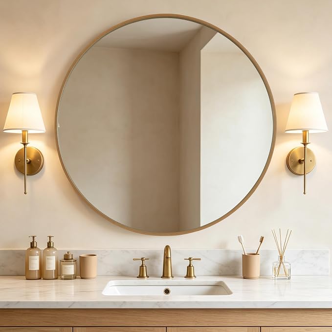 Round Wood Mirror, 40" Round Modern Decoration Large Circle Wall Mirror for Bathroom Living Room Bedroom Entryway, Natural