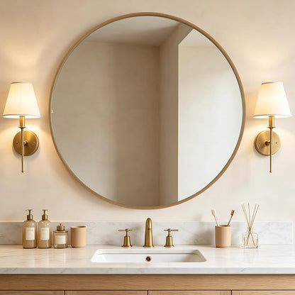 Round Wood Mirror, 40" Round Modern Decoration Large Circle Wall Mirror for Bathroom Living Room Bedroom Entryway, Natural