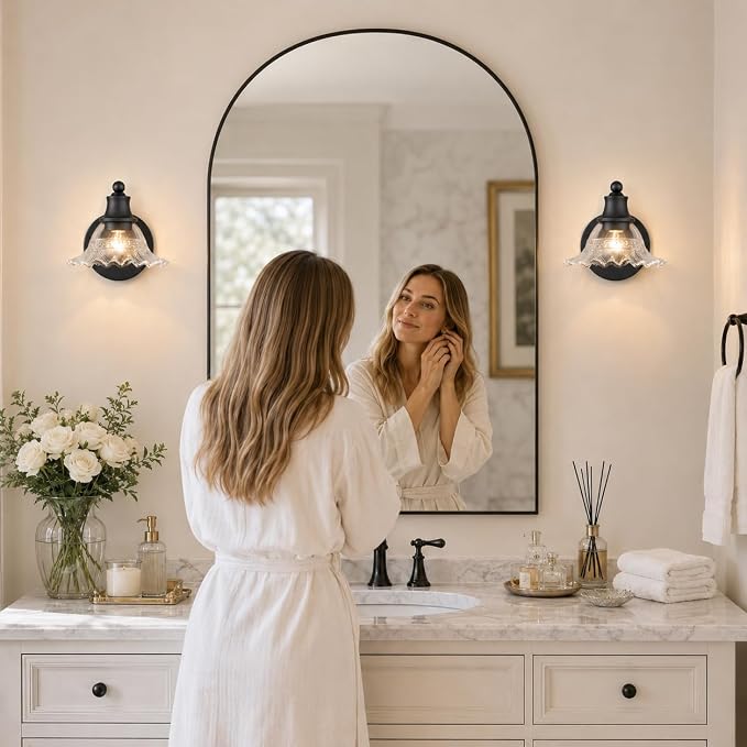 Matte Black Bathroom Wall Sconce Vintage Style, E26 Easy Mounted | Vanity Light with Flower Glass Shade, Bathroom Wall Lighting Fixture Beside Mirror, Easy Mounted for Bedroom, Hallway