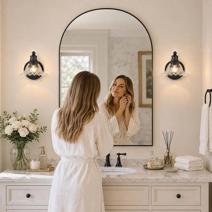 Matte Black Bathroom Wall Sconce Vintage Style, E26 Easy Mounted | Vanity Light with Flower Glass Shade, Bathroom Wall Lighting Fixture Beside Mirror, Easy Mounted for Bedroom, Hallway