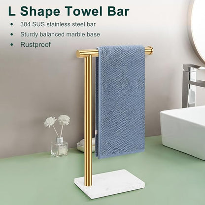 Hand Towel Holder, Hand Towel Stand for Bathroom with Marble Base, 304 Stainless Steel L Shape Hand Towel Rack Bar Standing for Vanity Kitchen Countertop, Brushed Gold