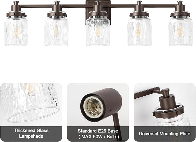 5 Light Bathroom Vanity Light Fixtures Farmhouse Oil Rubbed Bronze | ETL Certificate, Easy to Install,Wall Mount Up or Down,Hammered Glass Lampshade,E26 Socket,Hardwired,120V
