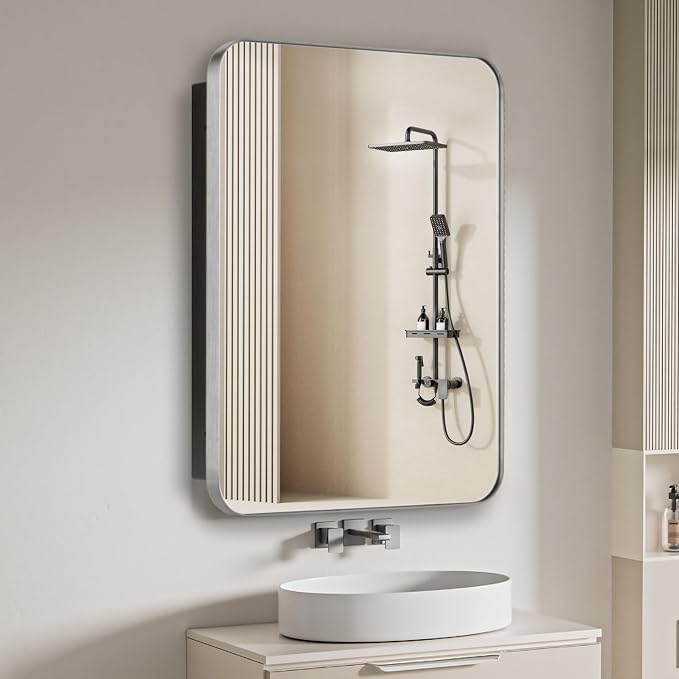 16" x 26" Bathroom Medicine Cabinet with Mirror Door, Brushed Nickel Stainless Steel Frame, Recessed or Surface Mounted,Storage Cabinet with Adjustable Metal Shelves,Upgraded Version