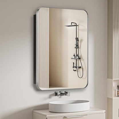 16" x 26" Bathroom Medicine Cabinet with Mirror Door, Brushed Nickel Stainless Steel Frame, Recessed or Surface Mounted,Storage Cabinet with Adjustable Metal Shelves,Upgraded Version