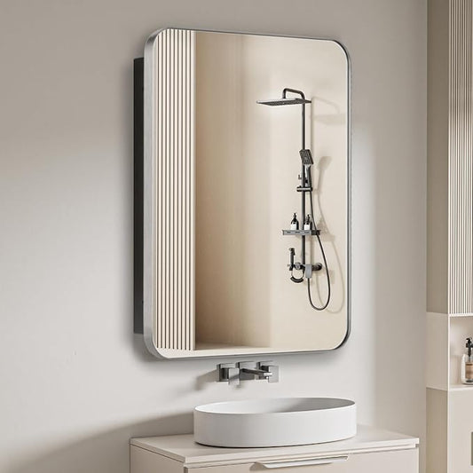 20" x 26" Bathroom Medicine Cabinet with Mirror Door, Brushed Nickel Stainless Steel Frame, Recessed or Surface Mounted,Storage Cabinet with Adjustable Metal Shelves,Upgraded Version