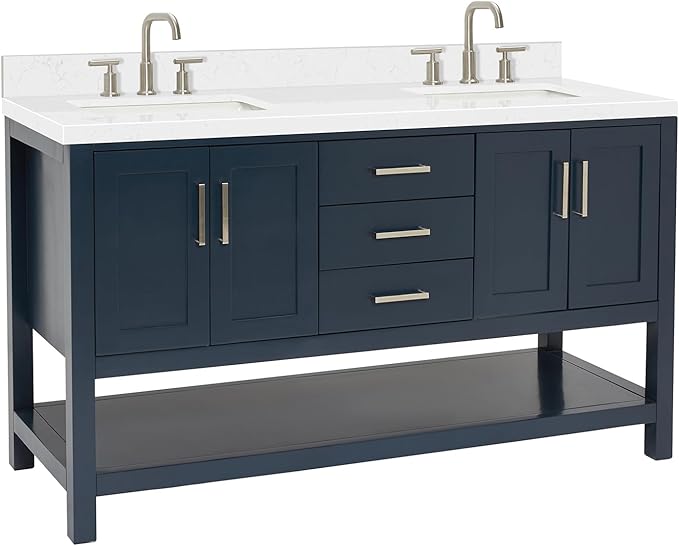 ARIEL Magnolia 60-inch Bathroom Vanity with Sink,Solid Wood, 1.5-inch Carrara White Quartz Countertop, Double Rectangular Porcelain Sink, 4 Soft Closing Doors, 3 Dovetail Drawers, Midnight Blue