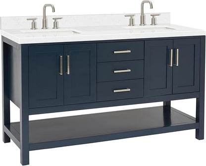 ARIEL Magnolia 60-inch Bathroom Vanity with Sink,Solid Wood, 1.5-inch Carrara White Quartz Countertop, Double Rectangular Porcelain Sink, 4 Soft Closing Doors, 3 Dovetail Drawers, Midnight Blue