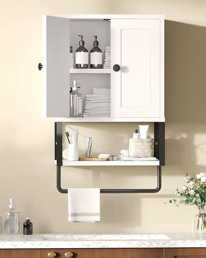Bathroom Wall Cabinet, White Medicine Cabinet with Towel Rack | 2 Doors & Adjustable Shelves 2 Hooks, above toilet storage cabinet, for Bathroom Laundry Room, Living, Kitchen UXYYG024W