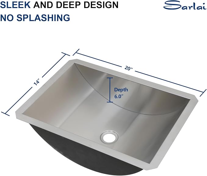 Sarlai Stainless Steel Bathroom Sink Undermount - 20"x14" Bathroom Vanity Sink Stainless Steel Rectangle Undermount Bathroom Lavatory Restroom Under Counter Sinks Basin with Pop Up Drain