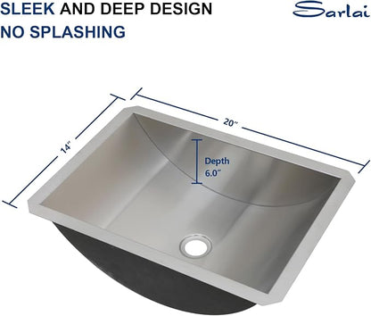 Sarlai Stainless Steel Bathroom Sink Undermount - 20"x14" Bathroom Vanity Sink Stainless Steel Rectangle Undermount Bathroom Lavatory Restroom Under Counter Sinks Basin with Pop Up Drain