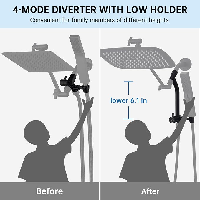 G-Promise 12 Inch All Metal Rain Shower Head with Handheld (Matte Black) | Suits Every Height, Pause Mode Diverter, Massage Mode Handheld, Full Body Coverage, Easy to Install, Modern Bath Upgrade