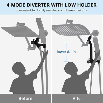 G-Promise 12 Inch All Metal Rain Shower Head with Handheld (Matte Black) | Suits Every Height, Pause Mode Diverter, Massage Mode Handheld, Full Body Coverage, Easy to Install, Modern Bath Upgrade