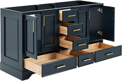 ARIEL Stafford 60-inch Bathroom Vanity Base Cabinet,Solid Wood, 4 Soft Closing Doors, 6 Dovetail Drawers, Satin Brass, Midnight Blue
