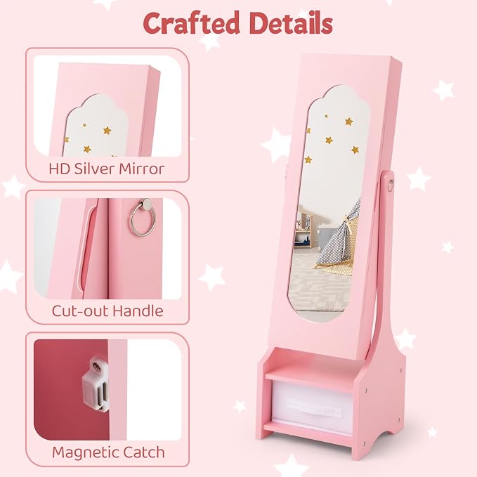 CHARMAID Kids Jewelry Armoire Cabinet - Standing jewelry Organizer for Girls, Full Length Mirror, Storage Drawers and Shelves, Kids Vanity Dressing Mirror with Storage (Pink)