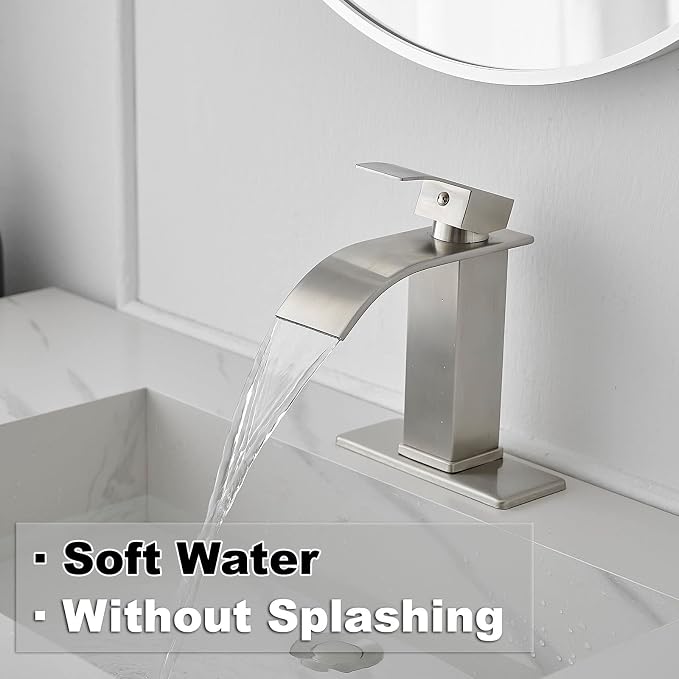 Bathroom Sink Faucet Single Handle Waterfall Bathroom Faucets | 304 Stainless Steel,Lavatory Commercial Vanity Faucets with Sink Drain Assembly and Basin Plate Deck Mount,Brushed Nickel