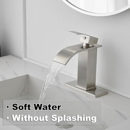 Bathroom Sink Faucet Single Handle Waterfall Bathroom Faucets | 304 Stainless Steel,Lavatory Commercial Vanity Faucets with Sink Drain Assembly and Basin Plate Deck Mount,Brushed Nickel