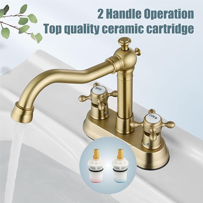 Aolemi 4 Inch Centerset Bathroom Sink Faucet Vintage 2 Cross Handle RV Mixer Tap Basin Vanity Lavatory Utility for Sink 3 Hole Include Hoses Pop Up Drain Faucet Handle with Label Brushed Gold