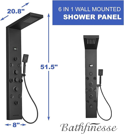 Stainless Steel Shower Panel Tower System Rain Massage System 6 IN 1 Body Spray Jets Shower Wall Panels Rainfall Waterfall Shower Head Tub Spout with Temperature Display,Matte Black