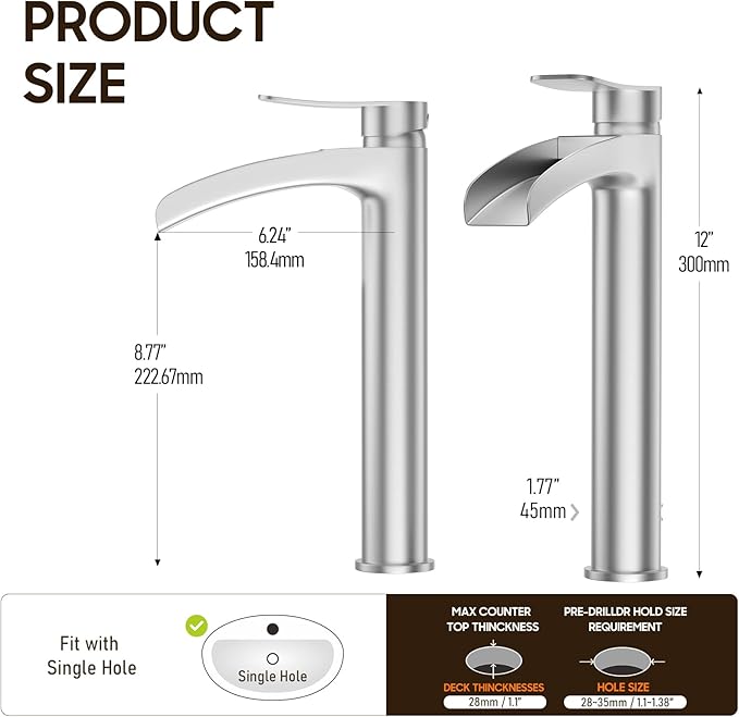 Phiestina Brushed Nickel Tall Bathroom Vessel Sink Faucet, Single Hole Single Handle Waterfall Modern Above Countertop Sink Bathroom Faucet, with Pop Up Drain and Water Supply Line, NS-SF01-BN-V