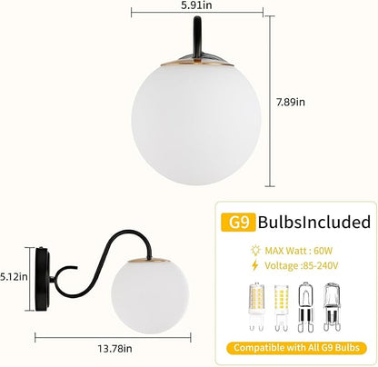 2-Pack Wall Sconce for Bathroom, Vintage Matte Black Vanity Lights, Wall Mount Light Fixtures With Milk Glass Globe Shade, Indoor Wall Lights Fixture for Bedroom Living Room Mirror Hallway(G9 Incl.)