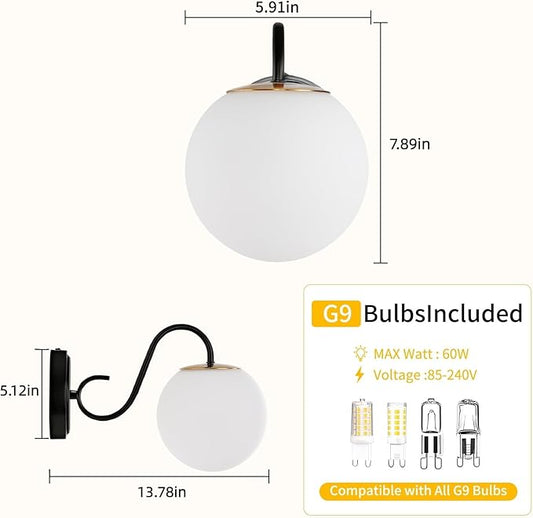 2-Pack Wall Sconce for Bathroom, Vintage Matte Black Vanity Lights, Wall Mount Light Fixtures With Milk Glass Globe Shade, Indoor Wall Lights Fixture for Bedroom Living Room Mirror Hallway(G9 Incl.)