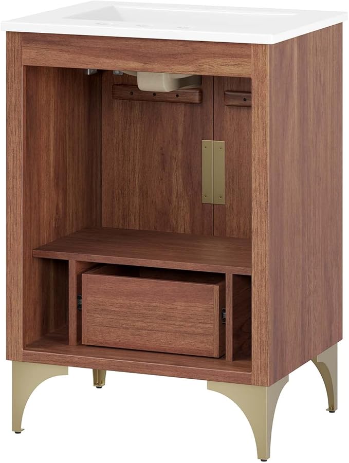 Modway Daylight Bathroom Vanity Cabinet with Ceramic Sink Basin, 24 Inch, White Walnut