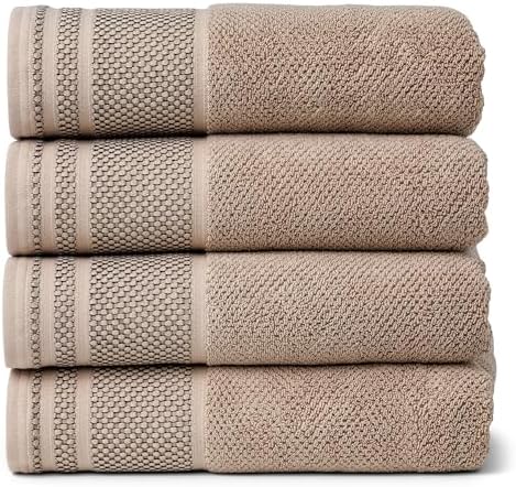 Texere 100% Organic Cotton Rice Weave Jacquard 700 GSM Luxury Bath Towel Sets - Ultra Soft and Absorbent Hotel and Spa Quality (Rice Weave, Oxford Tan, 4 Bath Towels)